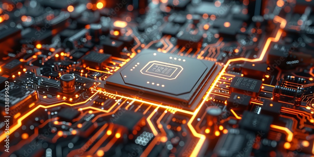 Aufkleber configure technology concept with tool symbol on a microchip. orange neon data flows between the cpu