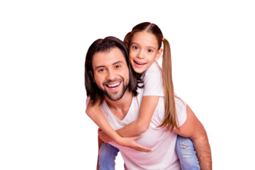 Close up photo beautiful she her little lady he him his daddy dad hold little princess piggy-back hands arms funny funky cheer wear casual white t-shirts denim jeans isolated pink bright background