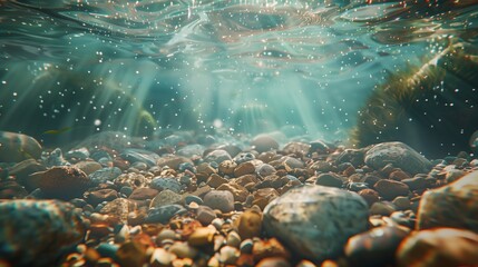 An underwater view of a clear riverbed with fish swimming amongst rocks. - Powered by Adobe
