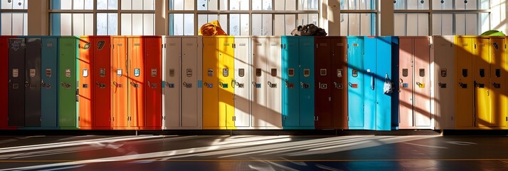 back to school, hallway with colorful lockers