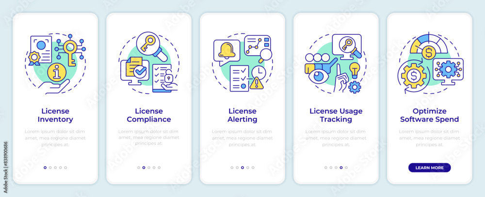 Poster software license key features onboarding mobile app screen. walkthrough 5 steps editable graphic ins