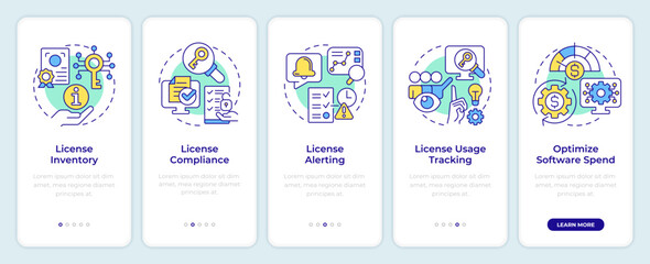 Software license key features onboarding mobile app screen. Walkthrough 5 steps editable graphic instructions with linear concepts. UI, UX, GUI template. Montserrat SemiBold, Regular fonts used