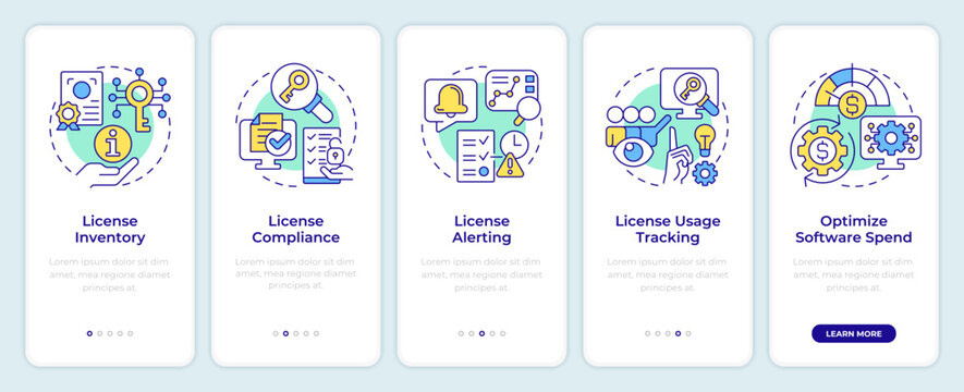 Software license key features onboarding mobile app screen. Walkthrough 5 steps editable graphic instructions with linear concepts. UI, UX, GUI template. Montserrat SemiBold, Regular fonts used
