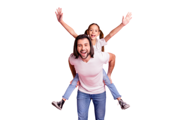 Close up photo beautiful adorable she her little lady he him his daddy dad hold little princess piggyback hands arms childish wear casual white t-shirts denim jeans isolated pink bright background
