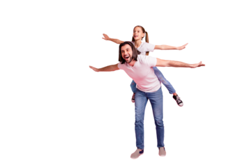 Full length body size photo beautiful she her little lady he him his daddy hold little princess piggyback hands arms like airplane rest wear casual white t-shirts denim jeans isolated pink background