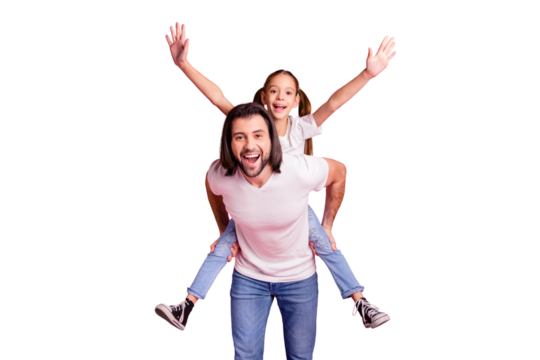 Close up photo beautiful adorable she her little lady he him his daddy dad hold little princess piggyback hands arms childish wear casual white t-shirts denim jeans isolated pink bright background