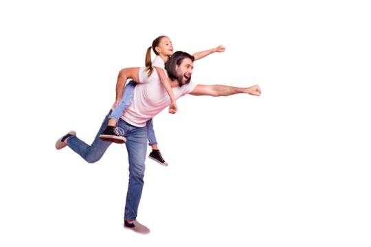 Full length side profile body size photo she her little lady he him his daddy dad hold little princess piggyback hands arms ready fly wear casual white t-shirts denim jeans isolated pink background