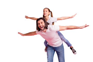 Close up photo beautiful she her little lady he him his daddy dad hold little princess piggyback hands arms like airplane rest relax wear casual white t-shirts denim jeans isolated pink background