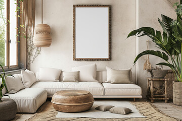 Mockup frame in a boho nomadic interior background with rural decorations