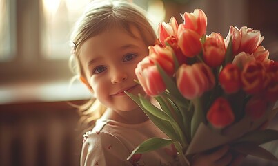 Naklejka premium Young child giving flowers to her Mom on Mothers day as a present. Family love