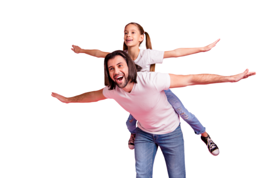 Close up photo beautiful she her little lady he him his daddy dad hold little princess piggyback hands arms like airplane rest relax wear casual white t-shirts denim jeans isolated pink background