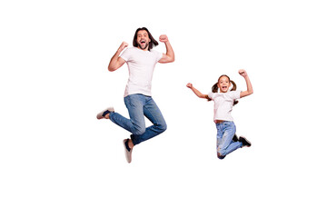Full length body size photo funny she her little lady he him his daddy dad jump air star shape...