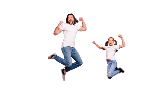 Full length body size photo funny she her little lady he him his daddy dad jump air star shape figure amazed excited scream shout yell wear casual white t-shirts denim jeans isolated pink background