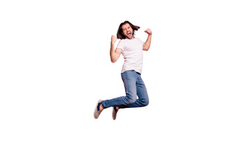 Full length side profile body size photo handsome he him his macho yelling loud jump air raise arms...