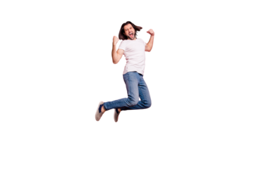 Full length side profile body size photo handsome he him his macho yelling loud jump air raise arms hands excited football competition wear casual white t-shirts denim jeans isolated pink background