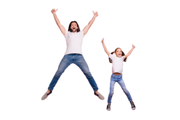 Full length body size photo funny she her little lady he him his daddy dad jump air star shape figure amazed excited scream shout yell wear casual white t-shirts denim jeans isolated pink background