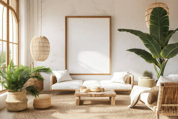 Mockup frame in a boho nomadic interior background with rural decorations