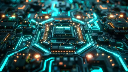 Obraz premium Close-up of a futuristic electronic circuit board with glowing blue and green pathways, intricate components, and a metallic background