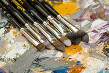 A cluster of paintbrushes rests on a wooden table, bathed in sunlight.