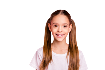 Close up photo beautiful amazing she her little lady pretty hairdress easy-going like studying school weekend vacation mood wear casual white t-shirt isolated pink rose bright background