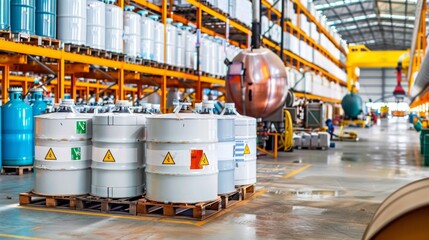 Chemical storage warehouse. Containers for chemical liquids. Warehouse system. Toxic barrels are kept in stock. Warehouse storage. Chemical Industry. Plastic barrels of chemicals are on pallets.