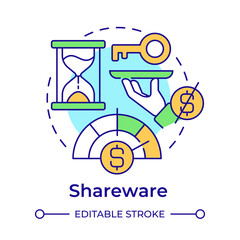 Shareware multi color concept icon. Free service. Access control, software licensing. Round shape line illustration. Abstract idea. Graphic design. Easy to use in infographic, presentation