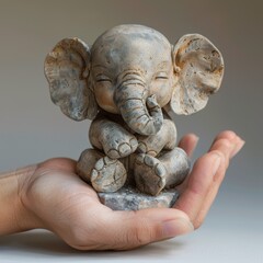 Miniature Elephant Perched on Weathered Human Hand - Heartwarming Connection Concept
