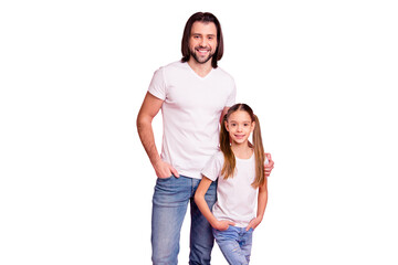Close up photo beautiful she her little lady stand with he him his single dad pretty nice hairstyle weekend vacation rest relax wear casual white t-shirts denim jeans isolated pink bright background