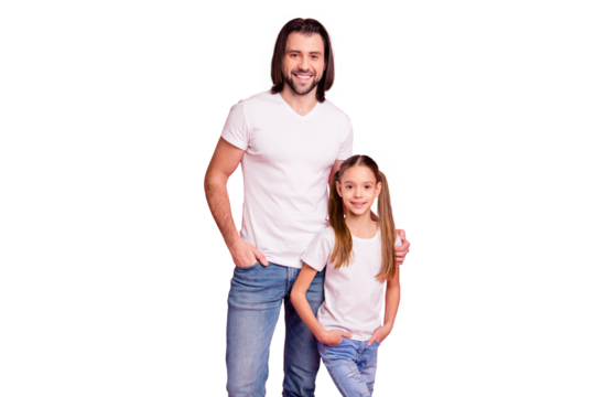 Close up photo beautiful she her little lady stand with he him his single dad pretty nice hairstyle weekend vacation rest relax wear casual white t-shirts denim jeans isolated pink bright background