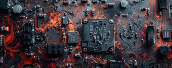 A broken circuit board with exposed wiring and damaged components, set against a dark, dramatic background