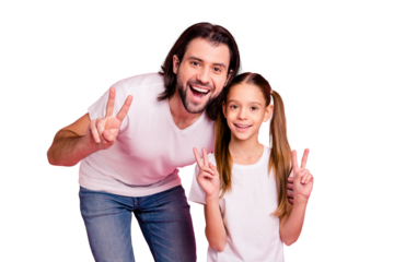 Close up photo beautiful she her little lady stand he him his single dad show v-sign say hi pretty hairstyle vacation rest relax wear casual white t-shirts denim jeans isolated pink bright background