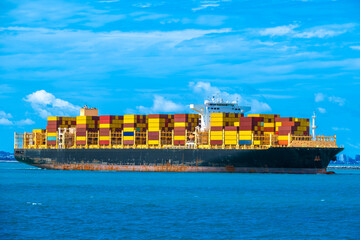 Large ships transport cargo and carry large amounts of containers. Sea shipping by cargo ship....