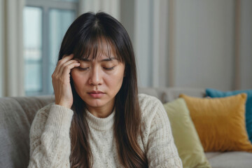 Portrait of Asian woman suffering from headache migraine pain. She is in pain or discomfort