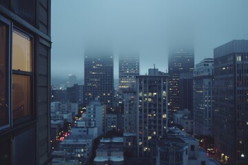 A cinematic photo of the San Francisco skyline at dusk, shot from an apartment window. An overcast sky with a low angle and dark tones, city lights on buildings.