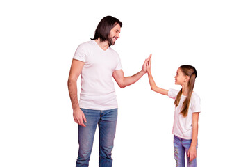Fototapeta premium Close up side profile photo beautiful she her little lady stand he him his single dad clap arms hands achievement rest relax wear casual white t-shirts denim jeans isolated pink bright background