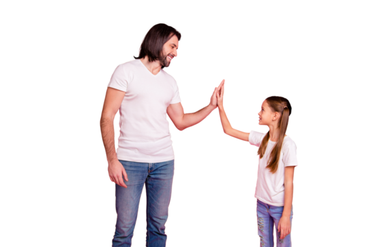Close up side profile photo beautiful she her little lady stand he him his single dad clap arms hands achievement rest relax wear casual white t-shirts denim jeans isolated pink bright background