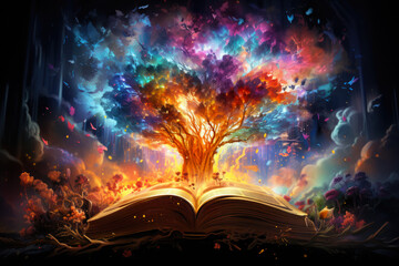 Spell book. Magically glowing old book. Fairy tale come to life