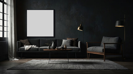 3d rendering empty poster with dark interior design