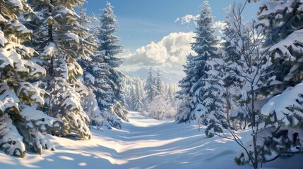 Fototapeta premium Scenic winter forest with snow-covered trees under a clear blue sky, creating a tranquil and serene atmosphere perfect for nature lovers.