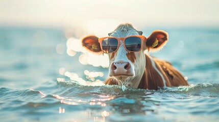 Cute funny cow wearing sunglasses and floating in a ocean. Happy pet swim in ocean or sea, play in the water