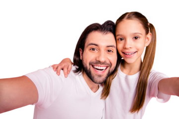 Close up photo beautiful she her little lady he him his single dad rest relax make take selfies hug embrace cuddle toothy wear casual white t-shirts denim jeans isolated pink bright background