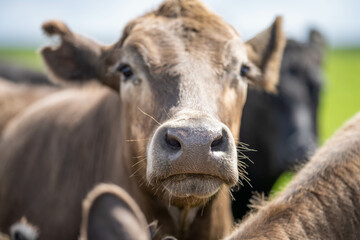 Beef cows and calves grazing on grass on a beef cattle farm in  Australia. breeds include murray grey, angus and wagyu