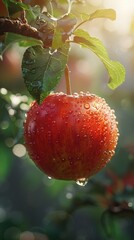 Dewy apple hanging from tree, photorealistic, high detail, lush green setting, morning light 8K , high-resolution, ultra HD,up32K HD
