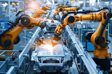 Industrial robotic arms welding on assembly line. Automation and manufacturing industry concept. Modern technology and innovation. Industrial high tech manipulators