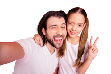 Close up photo she her little lady he him his single dad daddy make take selfies blink eyes show v-sign shooting tongue out mouth wear casual white t-shirts denim jeans isolated pink bright background