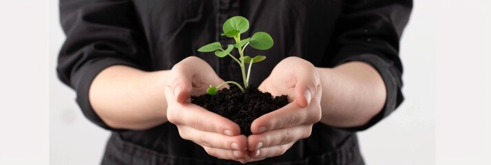 Plant in hands, young sprout, new plant growing in soil, organic farming, environment care, earth day