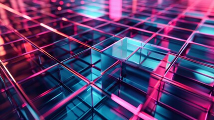 Abstract 3D cubes with futuristic light reflecting off glass surfaces. Perfect for backgrounds, technology, or design projects.