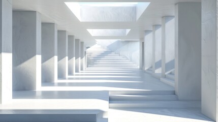 Obraz premium Abstract architectural corridor with modern white columns and natural light. Minimalist design with sharp shadows and symmetry.