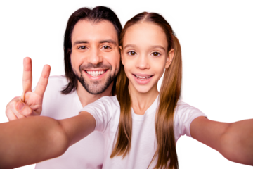 Close up photo beautiful she her little small lady he him his single dad daddy make take selfies show v-sign say hi mom mommy wear casual white t-shirts denim jeans isolated pink bright background