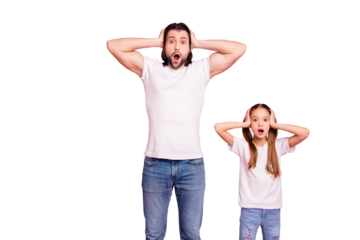 Close up photo beautiful she her little small lady he him his daddy staring on ho expression hold hand arms palms heads wear casual white t-shirts denim jeans isolated pink bright background